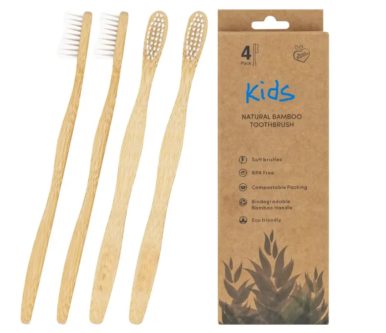 Bamboo Toothbrushes Set of 4 - Kids - Soft Bristle, Biodegradable, Vegan, Organic, Smooth Ergonomic Handles for Sensitive Teeth - Green - Oral, Comfort Foam Gentle