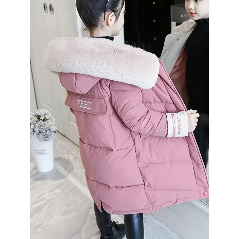Girls Trendy Furry Hooded Collar Long Polyester-Padded Jacket, Mid-length Kids Winter Clothes 2