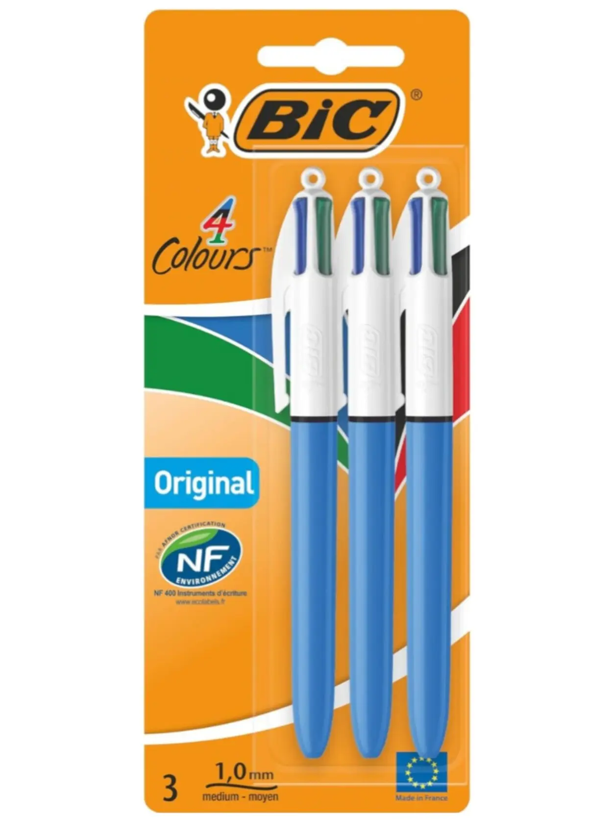 BIC 4 Colours Original Pens, Multi Coloured Pens All In One, Biro Pens, Medium 1.0mm, Green, Blue, Red, Black, 3 Pens Per Pack, 1 Pack