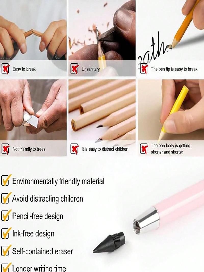 Product Introduction of 6 Inkless Pencils, Eternal Pencil Infinity Pencil With Eraser, Reusable Infinity Pencil With 6 Additional Replaceable Nibs, Back To School Eternal Pencil Permanent Pencil Home Office School Writing Drawing, Halloween, Christmas Day Gift Filling Back To Sc 2