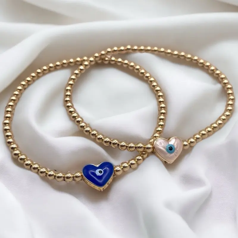 Evil eye heart charm, protection bracelet with gold filled beads. 1