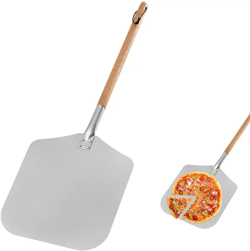 13" Pizza Oven Peel Paddle with Extra Long Wooden Handle for Wood Fired Ovens Kitchen Metal Utensils Pasta Aluminium 0