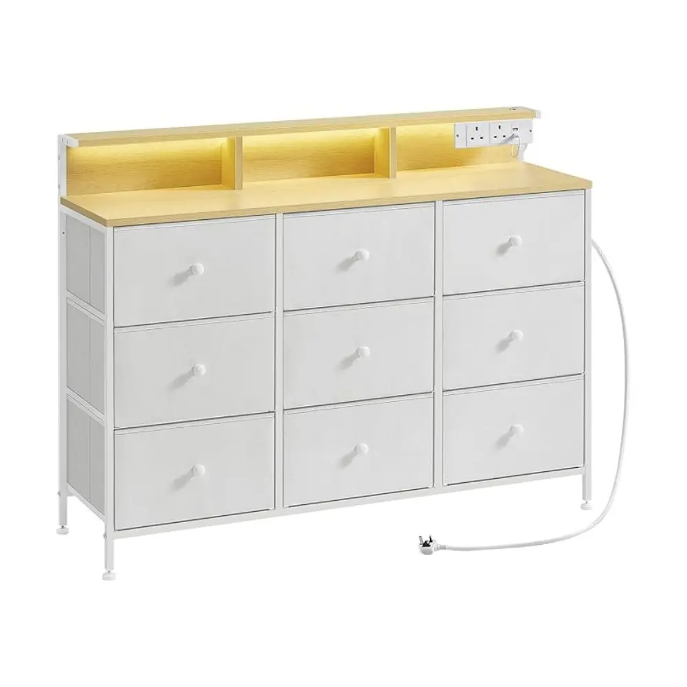 SONGMICS HOME Chest of Drawers Bedroom, Storage Unit with 9 Fabric Drawers and LED Lights, Charging Station, Steel Frame, 33.5 x 114 x 84 cm, for Living Room