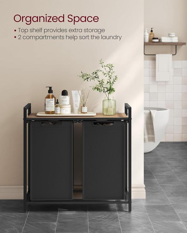 SONGMICS HOME Laundry Basket with Storage Shelf, 2/3-Compartment Laundry Hamper, Pull-Out and Removable Laundry Bags, Laundry Sorter, Shelf, Metal Frame, 2 x 46L, 3 x 38L, Light Organiser Plastic Adjustable Steel 4
