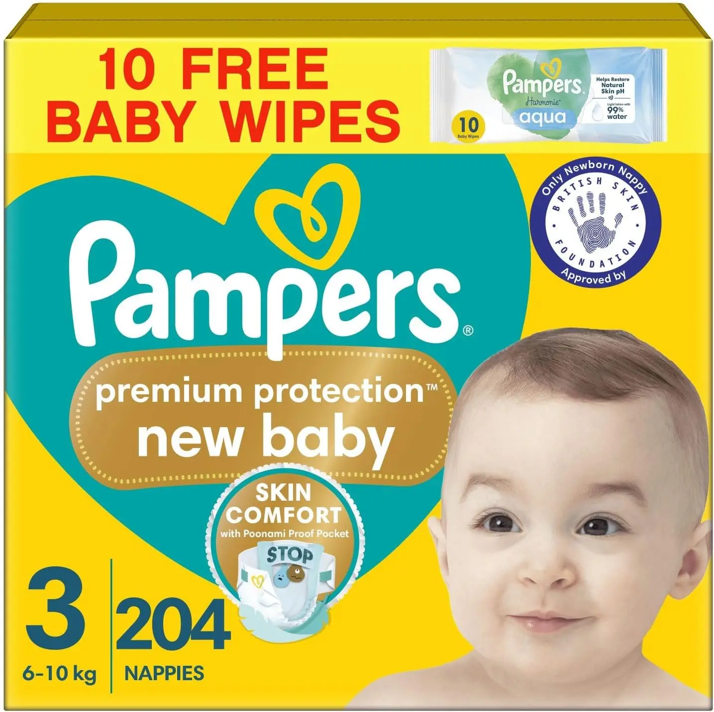 Pampers Premium Protection New Baby Size 3, 204 Nappies, 6kg-10kg, Monthly Pack + Pampers Harmonie Aqua Baby Wipes 10 Count