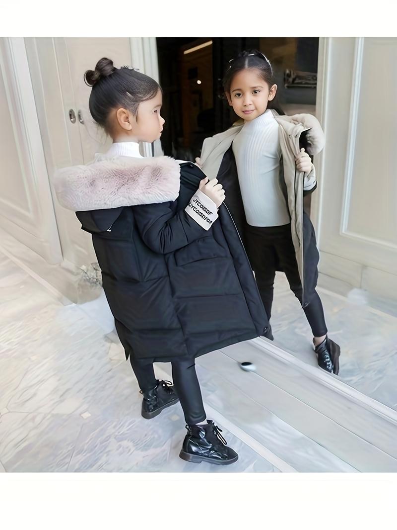 Product Introduction of Girls Trendy Furry Hooded Collar Long Polyester-Padded Jacket, Mid-length Kids Winter Clothes 5