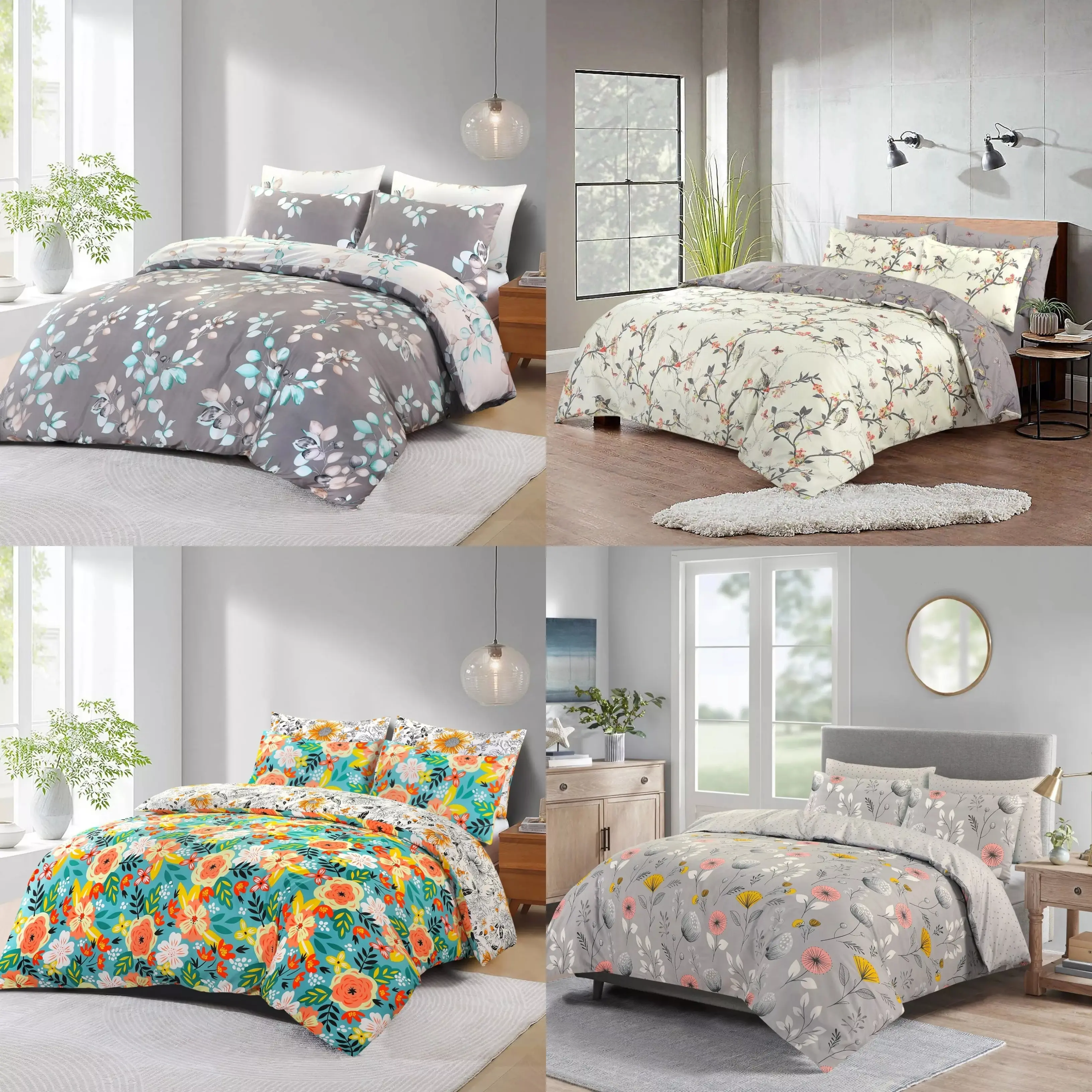 Hotel Quality Reversible Duvet Cover Set 100% Soft Fluffy Floral Bedding Sets With Pillow Cases Cozy Comfy Microfiber Quilt Covers White Cream Pink Silver Grey Flowers Double King SuperKing Size Beddings Bedding Duvet Sets