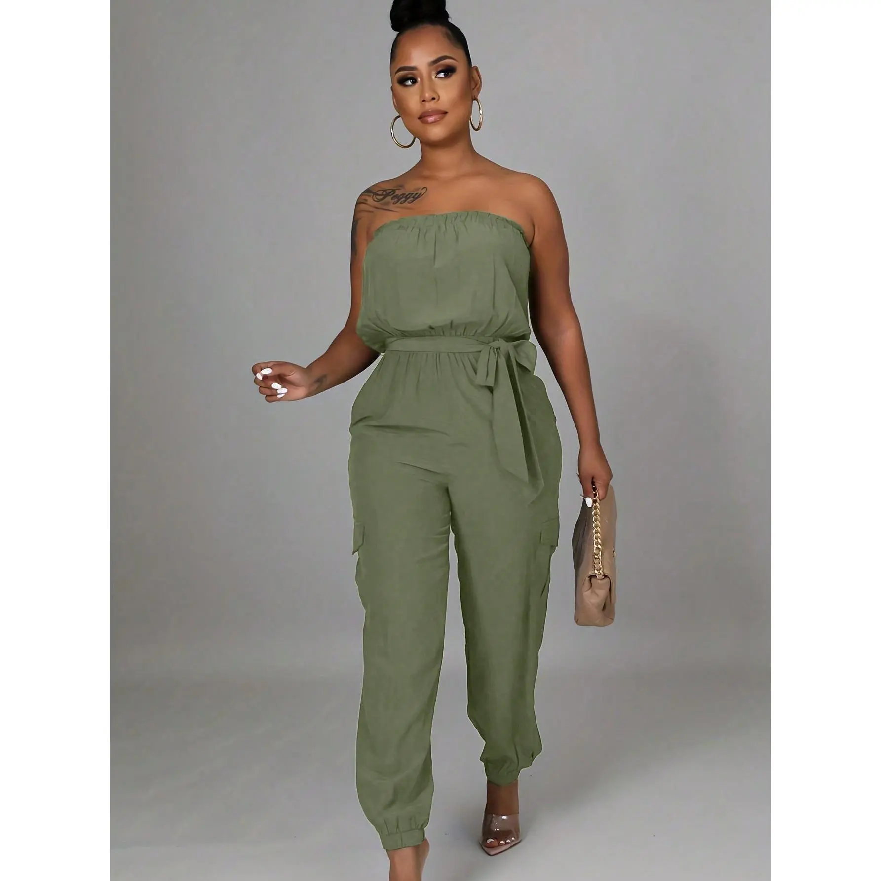 BamGleam Women's Solid Color Strapless Jumpsuit With Belt And Pocket Design, Casual Fit Sleeve Womenswear Green Overalls Comfort Fabric Polyester Basic Minimalist