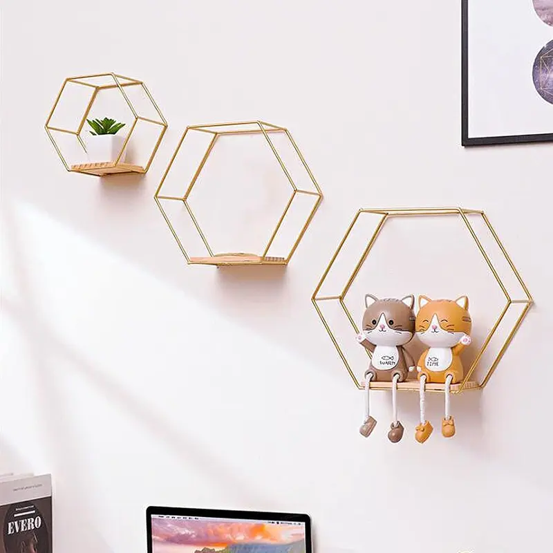 Set of 3 Metal Hanging Storage Shelves, Geometric Hexagon Shaped Wall Mounted Floating Shelves for Bedroom Bathroom Decor (Gold) 5