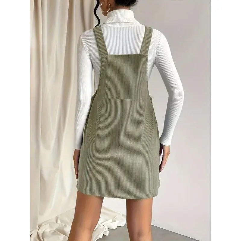 Women's Solid Color Pocket Button Pinafore Dress, Casual Sleeveless Short Overall Dress for Daily Wear, Ladies Clothes for All Seasons 1