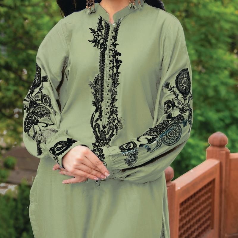 Haneen Collection By Momina Designer | PD-440-5 - 2 Piece Stone Linen Embroidered Kurti With Trouser  | Womenswear Elegance 1