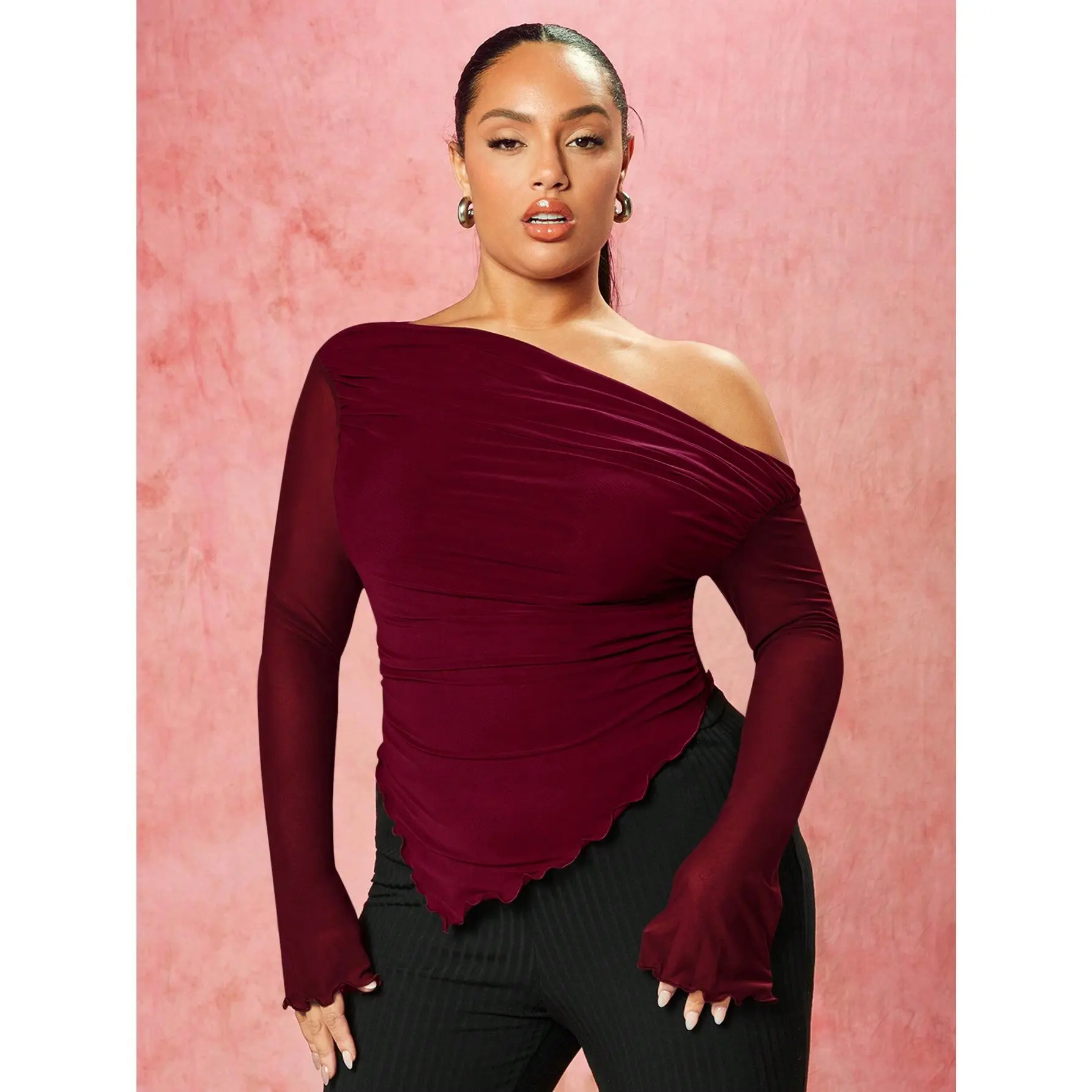 BAE Off-Shoulder Solid Color Mesh Plus Size Long-Sleeved T-Shirt Fabric Fit
