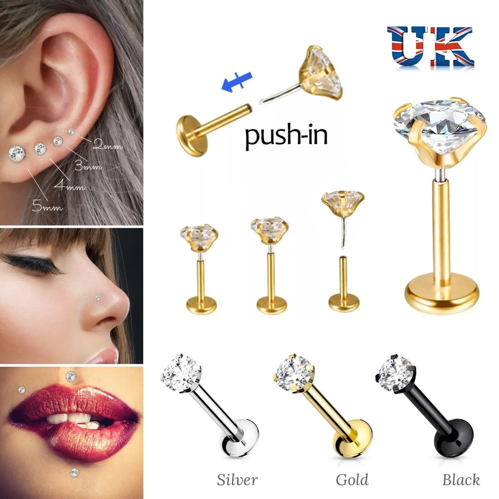 Cartilage Earrings Stud Gem Flat Disc Back Tragus Nose Helix Labret Conch Upper Lobe Canine Bites Medusa Ear Face Rings Jewellery Clear Zircon Silver Gold Stainless Steel  Piercing Push Pin 2mm 3mm 4mm 5mm Gem 0.8mm 20G Bar 6mm 8mm Silver Gold Black UK