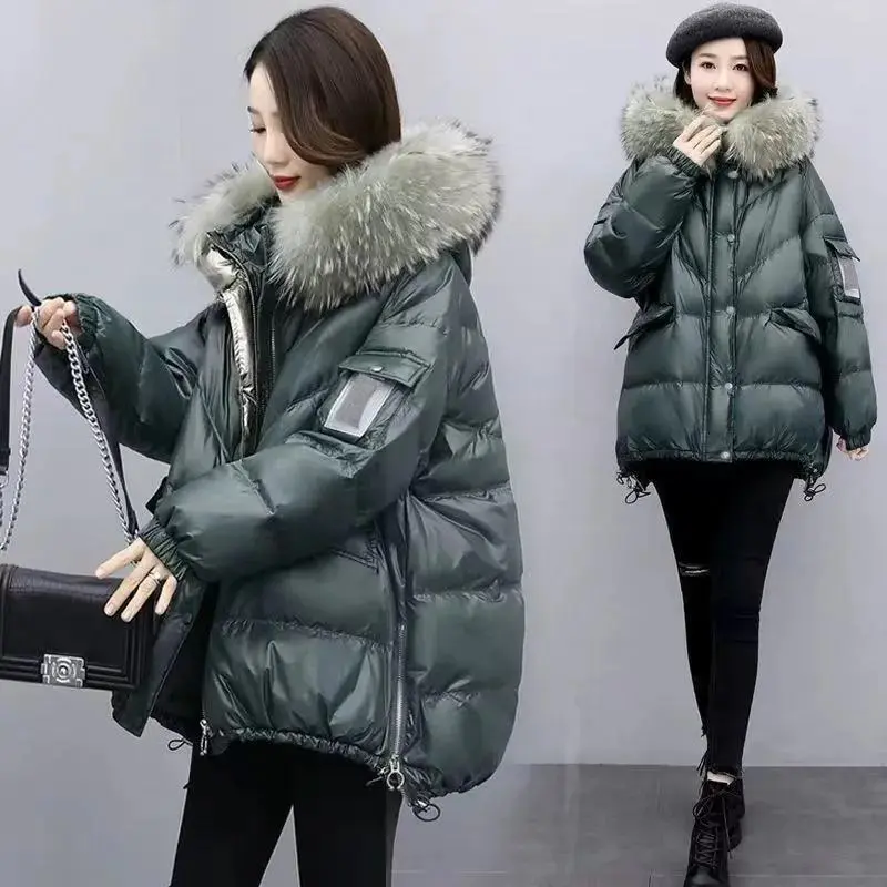 2025 Winter New Warm Down Cotton Jacket With Large Fur collar Hooded Coat Loose Women Thicken Parker Puffer Overcoat Casual wear 5