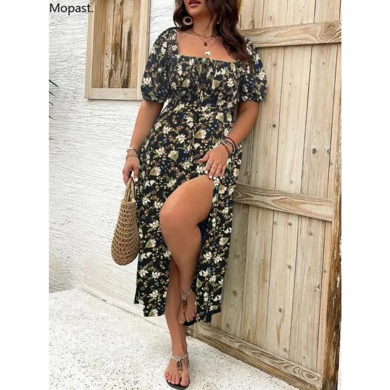 【Plus Size】 Ditsy Floral Print Split Thigh Dress, Boho Puff Sleeve Tie Front Sundresses, Maxi Dress, Summer Dresses 2024, Daily Wear Ella Thomas Coming Home Outfit, Wedding Guest College Dress Hide Tummy Black Party Dresses, UK Green Dress Lady 6