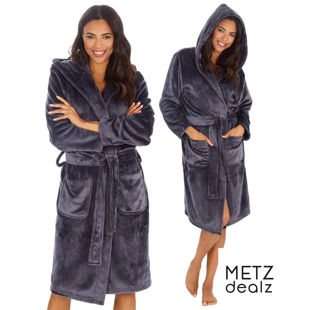 Luxury Charcoal Grey Hooded Dressing Gown for Her Ladies Womens Nightgown Shimmer Plush Fleece Long Sleeve Housecoat Polished Birthday Gift Robe for her S M L XL UK Womenswear Loungewear Nightwear Comfort Minimalist Basic