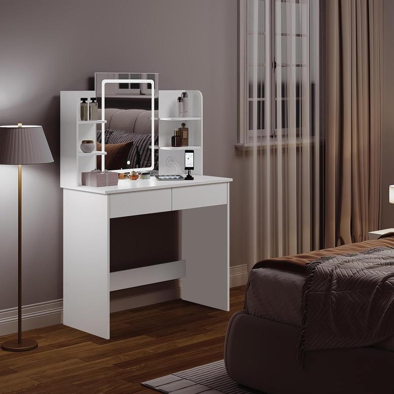 WOLTU Dressing Table with Dimmable LED Lights, Vanity Desk with Mirror & 2 USB Charging Ports, Makeup Table with 2 Drawers and Open shelves, Wooden Bedroom Dresser, White, MB6112ws clear  vanity 8