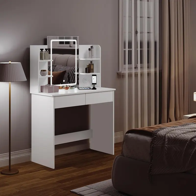 WOLTU Dressing Table with Dimmable LED Lights, Vanity Desk with Mirror & 2 USB Charging Ports, Makeup Table with 2 Drawers and Open shelves, Wooden Bedroom Dresser, White, MB6112ws clear  vanity 8