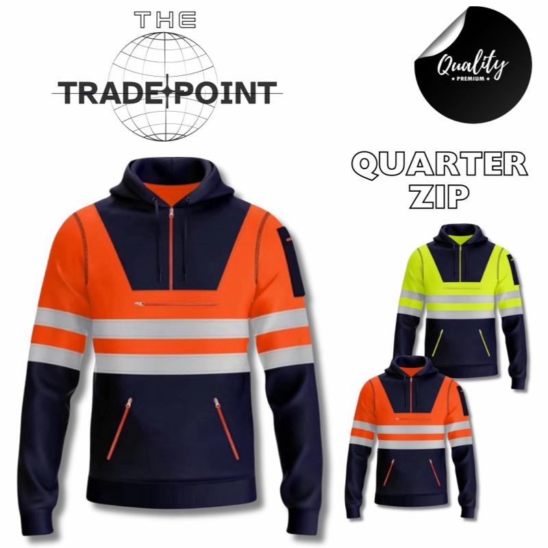 Hi Visibility Quarter Zip Hoodies Workwear Menswear Reflective Stylish Outdoor Sweatshirts Tops Pullover Long Sleeve Stripe Striped 0