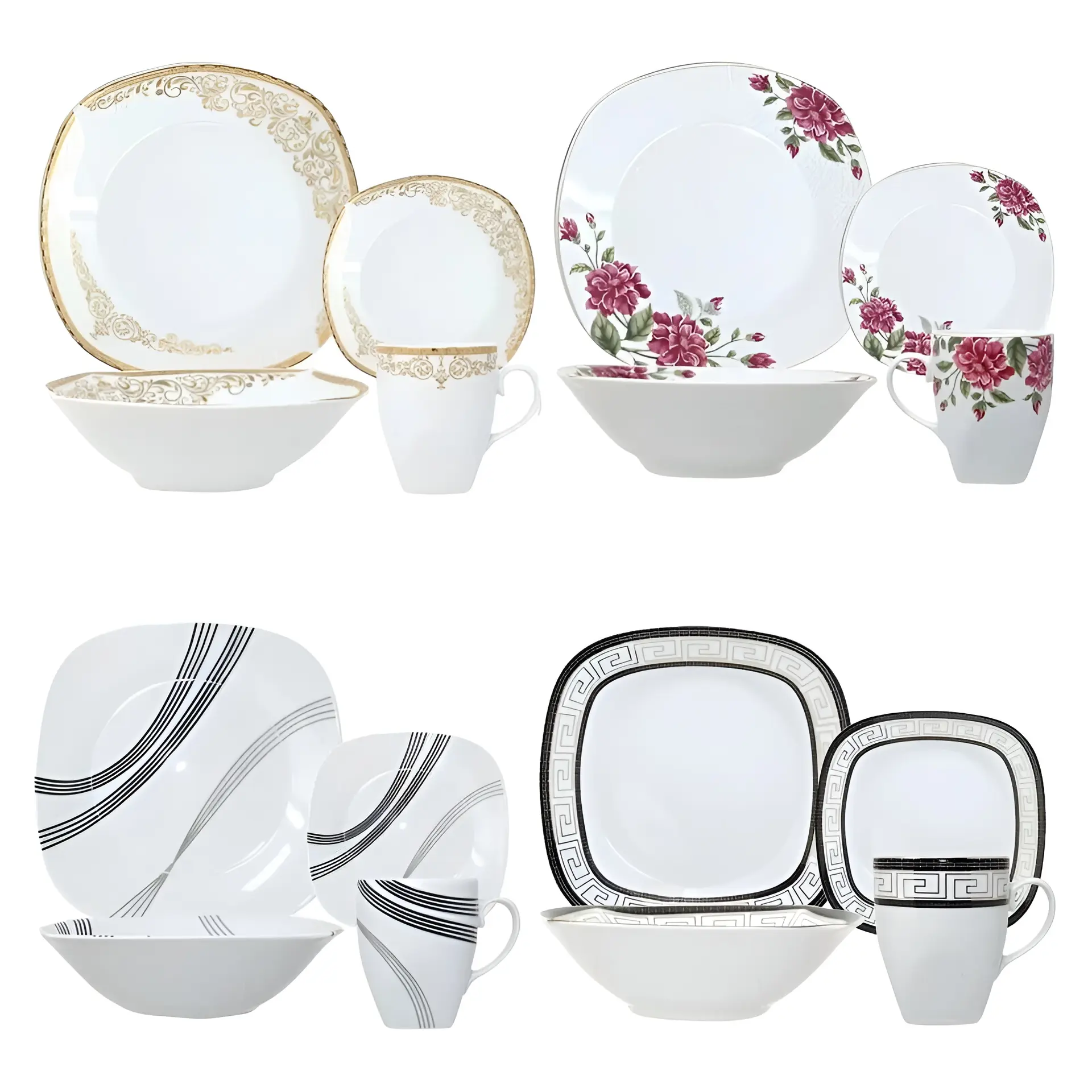 Stylish Modern 16-Piece Square Porcelain Dinner Set for 4 with 4 Unique Patterns: Vintage Gold, Black & Grey Stripe, Pink Floral, or Black & Gold Aztec - Durable & Chip-Resistant, Dishwasher Safe Dinnerware Thick Family Plates Aesthetic