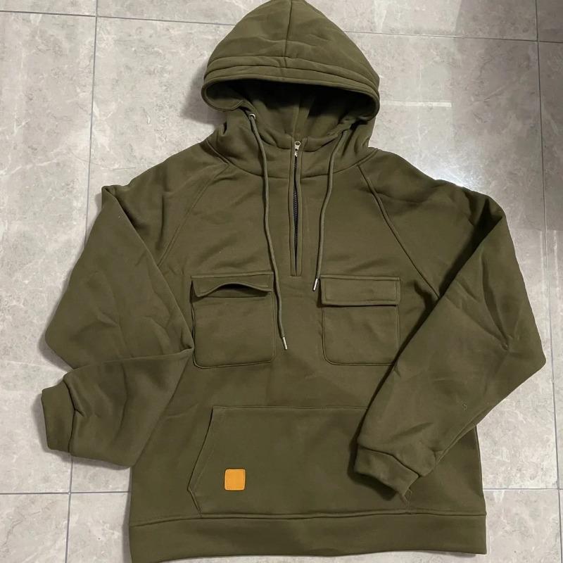 Half Zipper Men's Tactical Hoodies Solid Warm Fleece Military Sweatshirts Multi Pockets Male Hooded Jackets Thick Outdoor Polar Menswear Tops 3