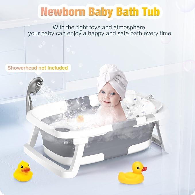 Product Introduction of Baby Bathtub Foldable, Baby Bath Essentials Baby Bathtub Newborn to Toddler Portable Travel Multifunctional Baby Bath Tub with Non-Slip Mat, Drain Hole.(No Thermometer)(Grey + Bath Mat) Ideal for gift 2