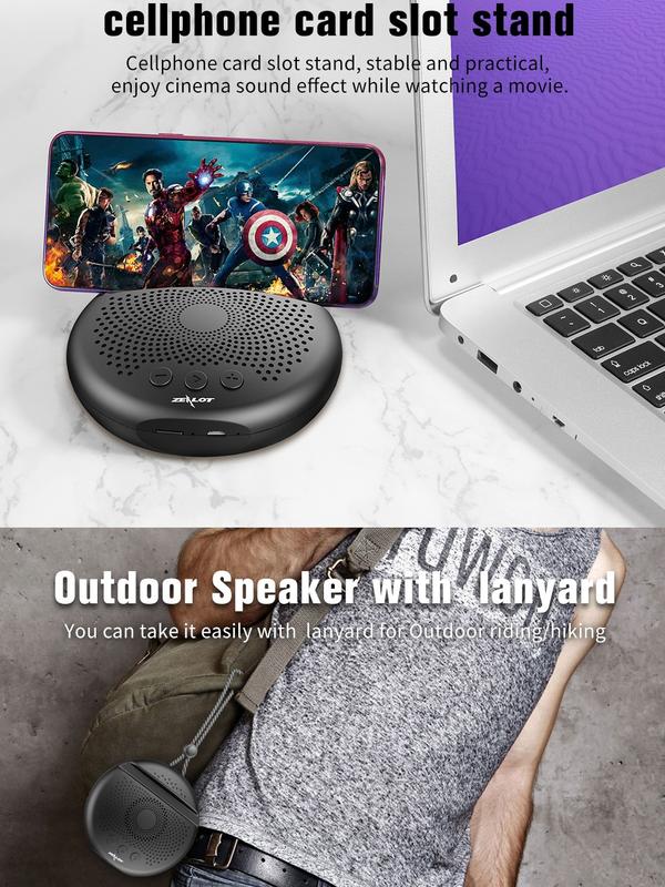 Zealot S24 Portable Stereo Mini Wireless Bluetooth 5.0 Speaker  IPX5 Waterproof Built-in Microphone with Lanyard  with TF Micro SD Card Slot (TF SD card not included) With Built-in HD Microphone 2000mAh Huge Battery! 6