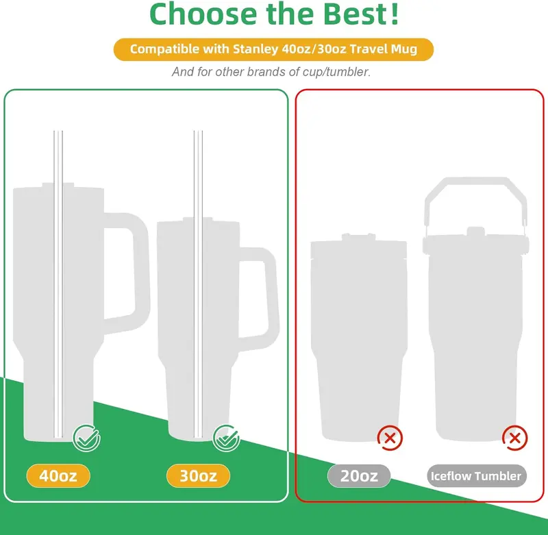 Replacement Glass Straws for Stanley Cup 40oz, 8Pcs 31cm Long Diameter 1cm Borosilicate Glass Straws Set with 2Pcs Cleaning Brush, Extra Long Straws Compatible with Stanley 30/40oz Adventure Tumbler Drinkware Mug 2