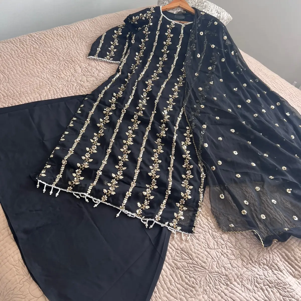 Chiffon long shirt 3 pc dress with plain plazzo and embroidered dupatta Elegant Womenswear