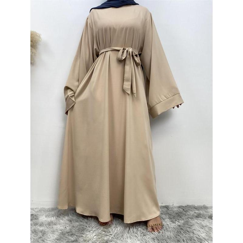 Arabic Clothing-Women's Solid Long Sleeve Round Neck Maxi Arabian Dress with Belt, Asian Suits Eid, Dresses for Women, Closed Abaya, Lady Loose Abayas, Kaftan Long Dress for Spring Summer Fall 2