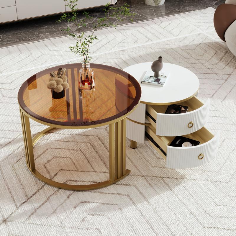2024 High Quanlity 2-in-1 round MDF coffee table with 1 high-gloss table top and 1 side table with brown tempered glass tabletop, living room coffee table set with 2 drawers, 70*70*45 + 50*50*40 cm  Modern Furniture Coffee Table for Living Room 0
