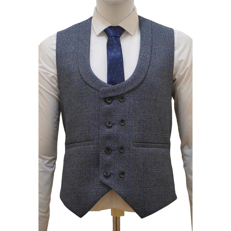 Men's Check Tweed Blue 3 Piece Suit Wool with Jacket, Waistcoat, Trousers and Tie 1