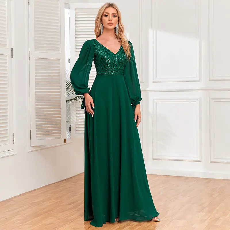 Product Introduction of New long-sleeved lace-up high-quality double V-neck bead splicing chiffon A-shaped large pendulum fully lined party evening dress 5