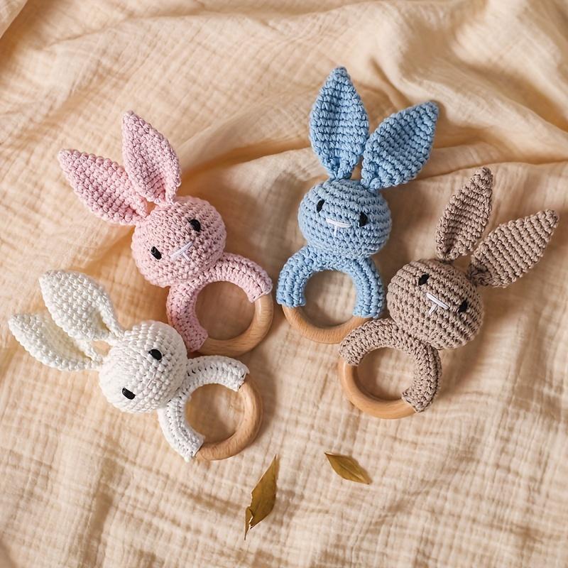 Product Introduction of Crochet Rabbit Baby Rattle, Cute Rabbit Grasping Toys, Baby Gnawable Wooden Hand Rattle, Hand Rattle Toy Gift Box, White Pink Blue Brown, with Christmas & Easter Gift 0