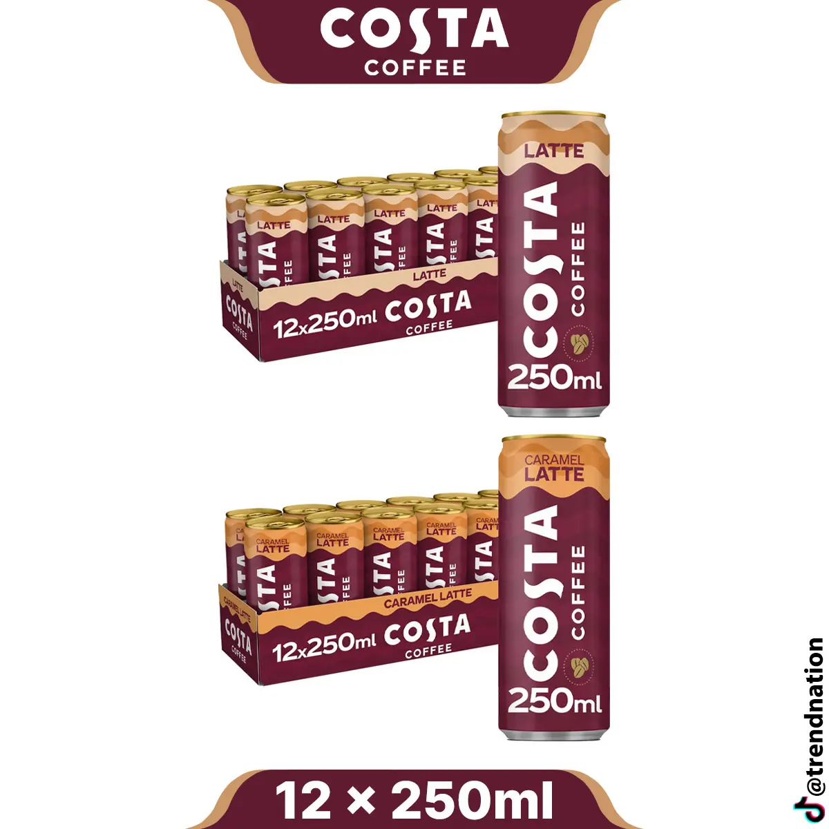 Costa Coffee Iced Drinks | Latte & Caramel Latte Flavored | 12 x 250ml Cans | Mocha Italian Blend Coffee Beans, Milk | Smooth & Creamy | Ready to Drink Ice Beverage Flavor