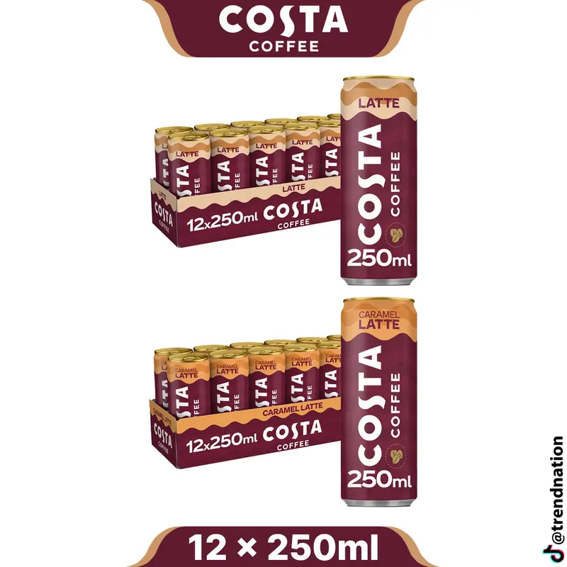 Costa Coffee Iced Drinks | Latte & Caramel Latte Flavored | 12 x 250ml Cans | Mocha Italian Blend Coffee Beans, Milk | Smooth & Creamy | Ready to Drink Ice Beverage Flavor 0