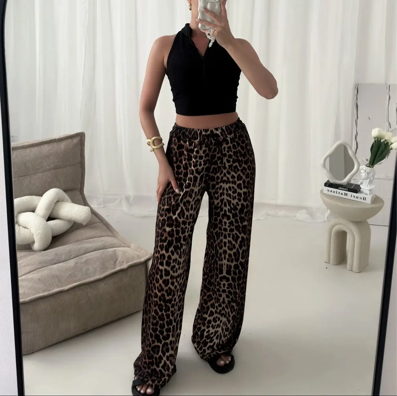 Womens Leopard Print Chiffon Trouser