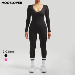 Mooslover UK Women's Stylish Deep V Slim Fit Long Sleeve Ribbed Jumpsuit Breathable Comfort  Womenswear Casual