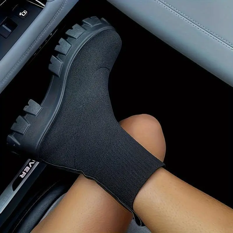 Women's Thick-soled Short Boots, Knitted Round Toe Socks Shoes