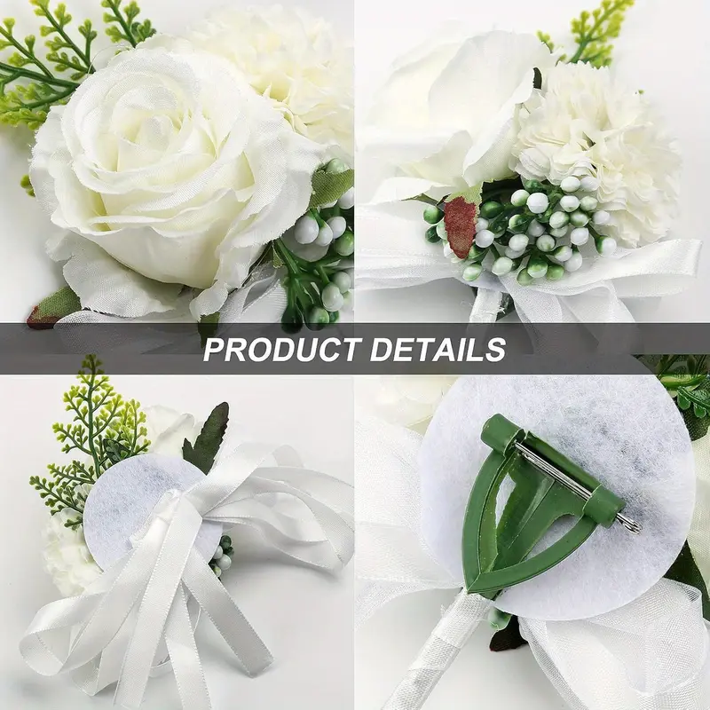 2 Pack Wedding Wrist Corsage Boutonniere Set, Artificial Wedding Buttonholes Flowers for Men and Wristband Roses for Women, White Boutonniere Prom Flower Corsage for Wedding, Ceremony Anniversary 2