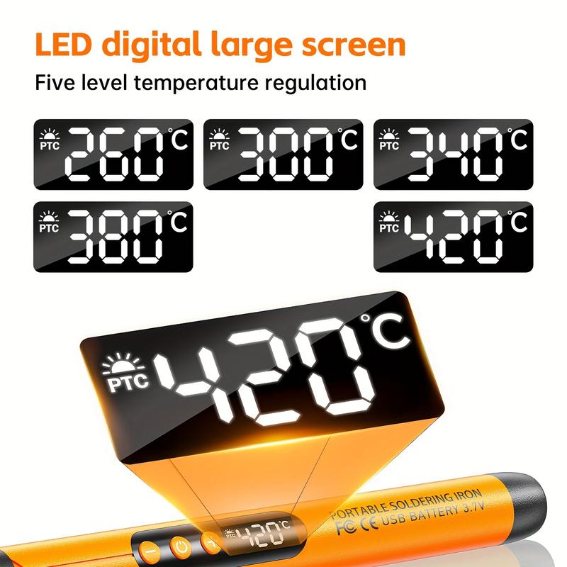 1pc Mini Cordless Soldering Iron Kit with Digital Display, 3 Temperature Settings, USB Rechargeable Portable Soldering Tool for Home Appliance Repair, Jewelry Crafting, DIY Projects - Plastic, Orange & Dark Grey, Compatible with PC 7