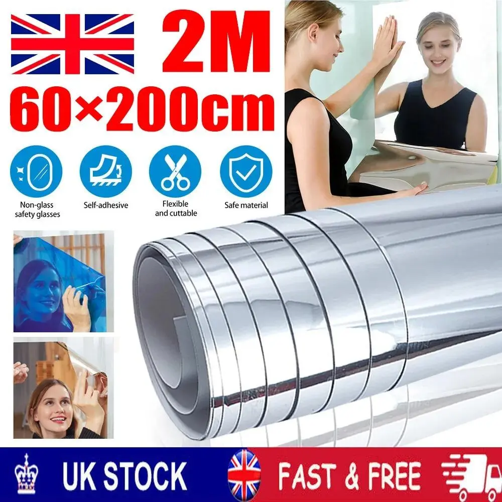 200 x 60cm Mirror Wall Sticker Roll Self Adhesive Stick Room Film Decor Bathroom Decorative Tiles Sticker Ornaments