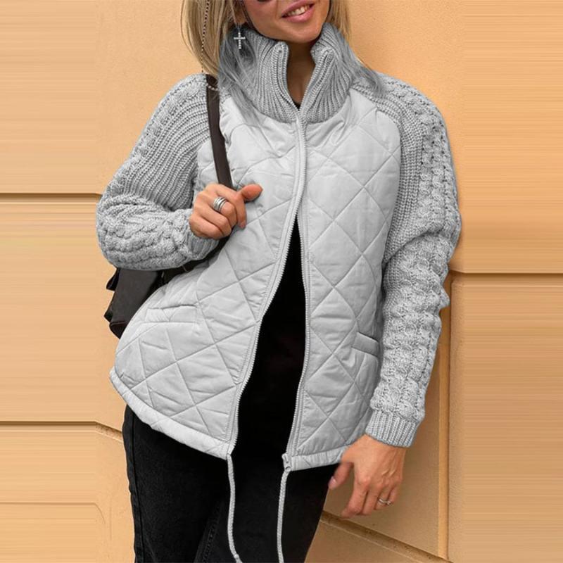 Women Stand Collar Fashion Knitted Stitching Jacket Womenswear coat solid minimalist Fabric Knitwear Army Check Garment Hoodie 3