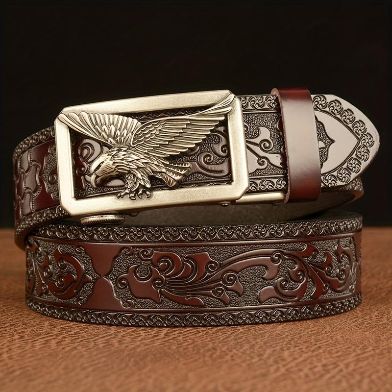 Product Introduction of 1PC Carved Cowhide Men's Autobuckle Belt, Vintage Style, Suitable for Casual & Business Wear, Great Gift for Husband and Father 9