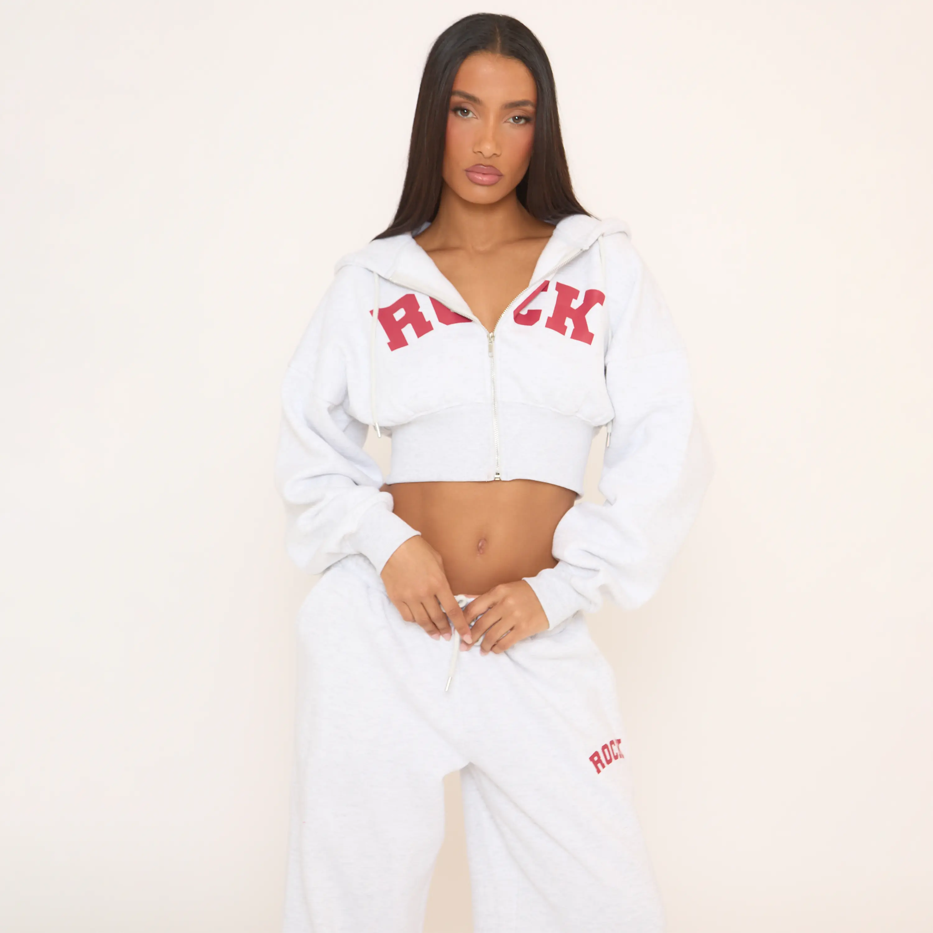 Long Sleeve Graphic Detail Zip Up Front Cropped Hoodie In Grey