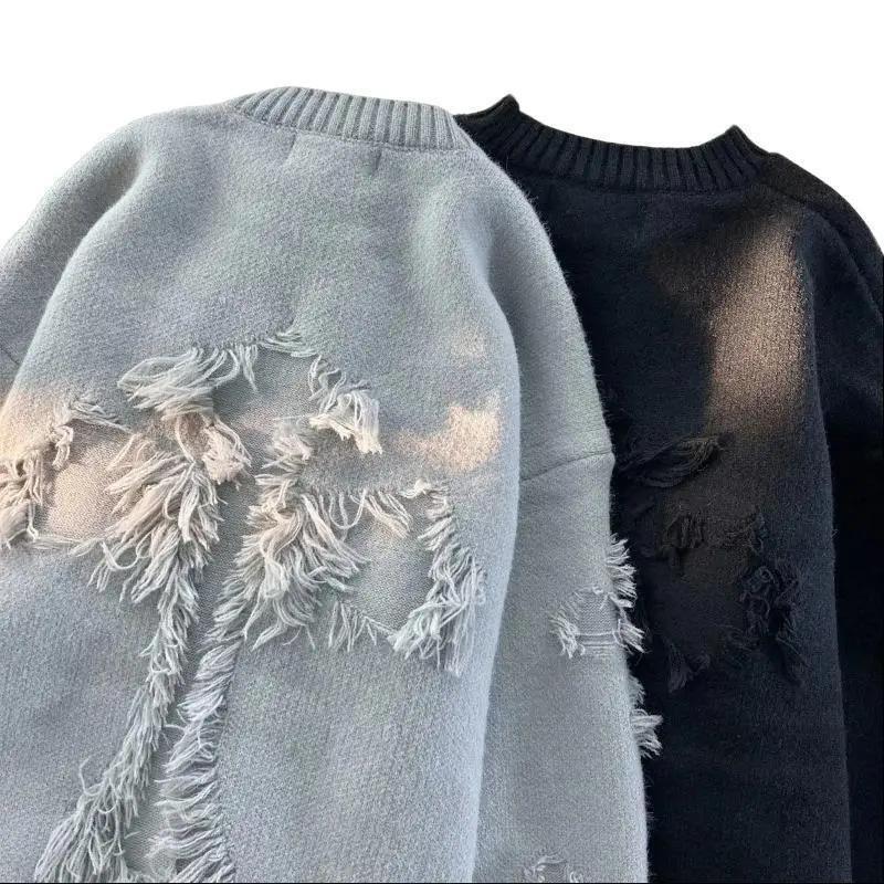 2025 Autumn and Winter Sweater Men's New Retro Ripped Tassel Loose All-match Knitted Sweater Pullover Long Sleeve Pullover Knitwear Menswear Tops Longsleeves Crewneck Round Neck Lawn Beige Casual Plain 1