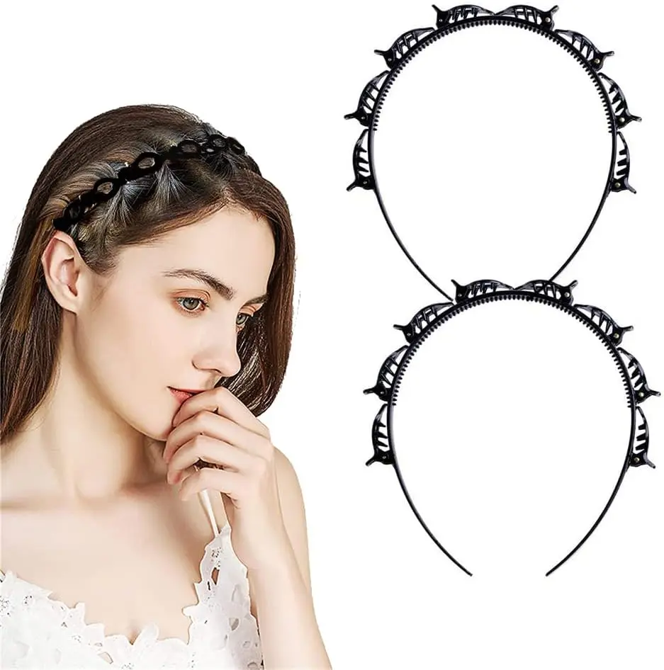 2 Pcs Clip Headbands, Black Hairpin Headband -Double Bangs Hairstyle Hairpin, Hairband With Clips/Korean Twist Braid Headband Non-Slip/Double Layer Twist Plait Headband for Women Girls