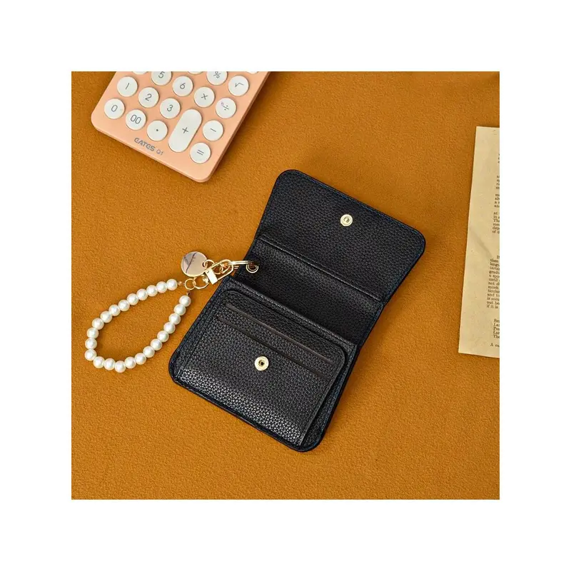 Korean Style Ins Short Simple Ultra-Thin Women Card Wallet Large Litchi Pattern Card Holder Mini Coin Purse Wallet Keychain Wristlet Wallet 4