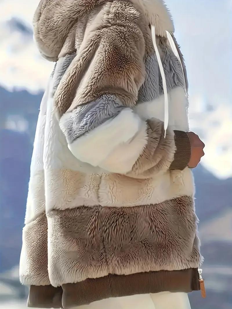 Product Introduction of Women's Color Block Fuzzy Coat - Casual Hooded Zip-Up Long Sleeve Outerwear with Adjustable Drawstring, Warm and Stylish Womenswear Jacket for Daily, Outdoor, or Travel Wear Tops 3