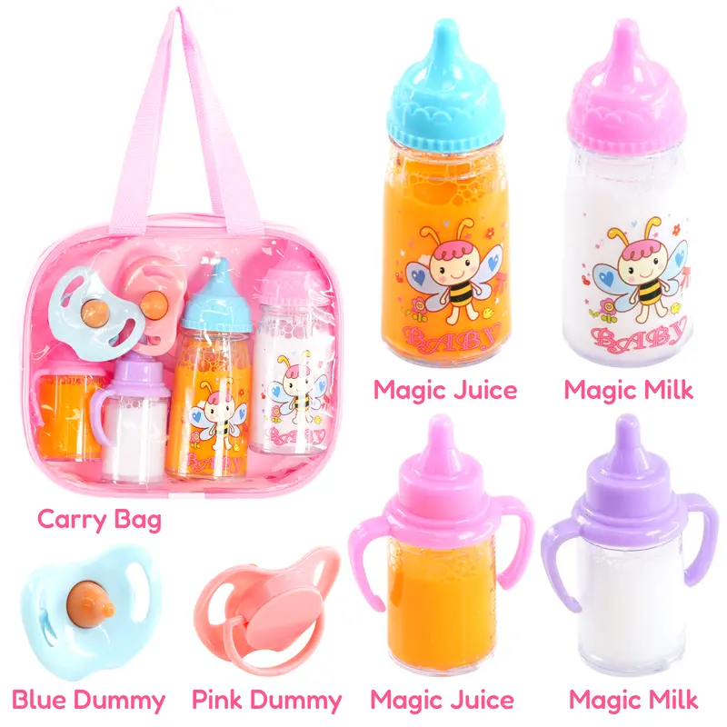 BiBi Doll 7-In-1 Baby Doll Accessories Set – Baby Dolls Bottles With Disappearing Milk And Juice, Carry Bag, Dummies – Magic Milk Bottle Baby Doll Dummy Baby Doll Feeding Set Baby Doll Bottle 5